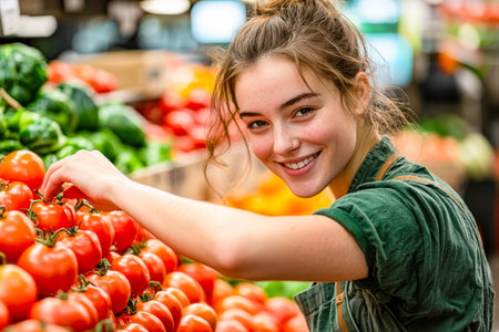 A cheerful young woman examines ripe tomatoes in vibrant produce aisles, embodying freshness and healthy living in a colorful grocery setting.のeditorial素材