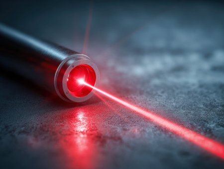 A sleek laser device projects a sharp, vivid red streak onto a patterned surface, capturing themes...