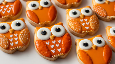 A variety of handcrafted cookies showcases lively orange owl motifs, intricate icing details, and...