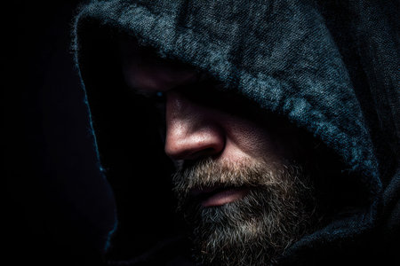 An enigmatic figure with a rugged beard cloaked in shadow, wearing a dark hoodie that conceals parts...