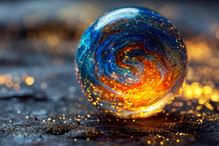 A luminous glass orb showcases cosmic whirlwinds and vivid hues, casting sparkling reflections on a...