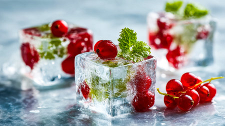 Juicy red berries and cool mint ice cubes tastefully topped with vibrant herbs and sliced fruits...