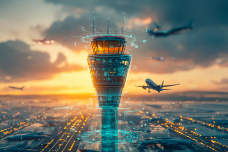 An advanced control hub rises above a vibrant metropolis as evening settles, with sleek aircraft...