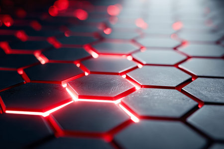 A detailed shot of sleek black hexagonal surfaces glowing with intense red illumination, forming a...