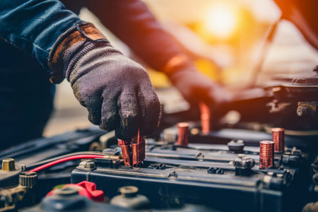 A skilled technician adjusts connections on a battery, surrounded by an array of tools, illuminated...