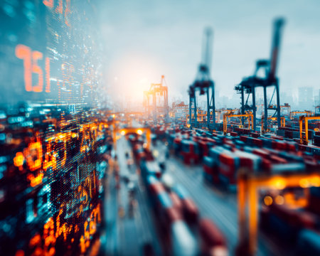 A vibrant maritime hub bustling with towering cranes amidst colorful containers, all illuminated by...