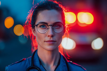 A determined female responder in uniform and glasses exudes confidence as vibrant red and yellow emergency lights ripple softly behind her under the night's darkness.のeditorial素材