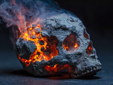 A fierce, ash-ridden visage emerges from darkness, its skeletal features illuminated by fiery embers...