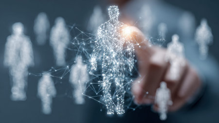A professional in a sleek, high-tech space interacts with a glowing, interconnected hologram of a...