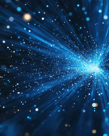 Dynamic swirl of luminous blue streaks and shimmering particles creates a sense of energetic...