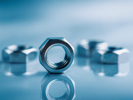 Polished metal fasteners lie in a precise pattern on a glossy surface, showcasing sleek industrial...