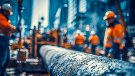 City workers scrutinize a massive underground conduit amidst busy streets, signaling progress and...