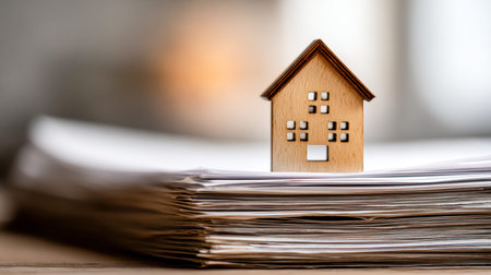 A miniature wooden home rests atop a towering pile of legal and financial papers, emphasizing...