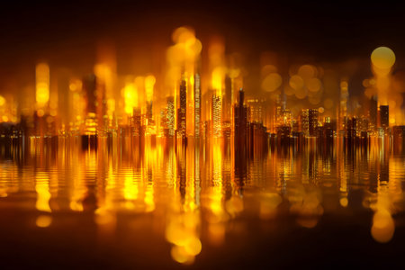 A luminous urban horizon shimmers with warm golden hues, mirrored meticulously on still water,...