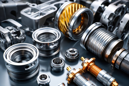 Intricate mechanical parts highlighted with shiny silver and gold details, showcasing craftsmanship and advanced technology for high-performance vehicle enhancement.の写真素材