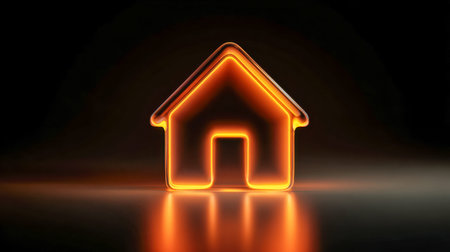 A vibrant orange neon house outline with a sleek, mirrored finish set against a dark gradient backdrop, embodying themes of innovation, security, and contemporary digital living.