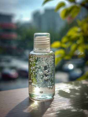 A glowing hand sanitizer container filled with effervescent gel captures sunlit reflections,...