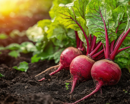Bright red radishes emerge amidst lush green foliage, roots nestled in rich earth, conveying...