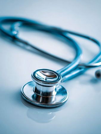 A sleek metallic stethoscope lies atop a mirror-like surface, evoking precision and trust in medical...