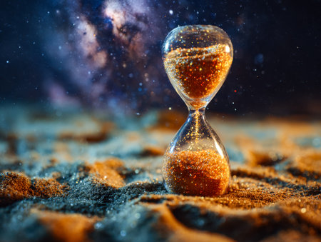 A captivating hourglass filled with shimmering gold particles rests on a celestial sandy terrain,...