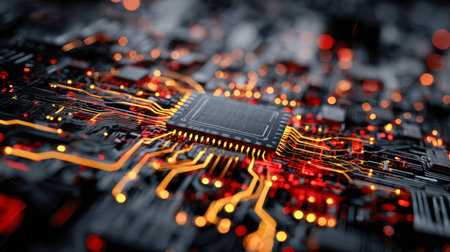 A detailed shot highlighting vibrant orange and crimson pathways etched onto a sleek microprocessor,...