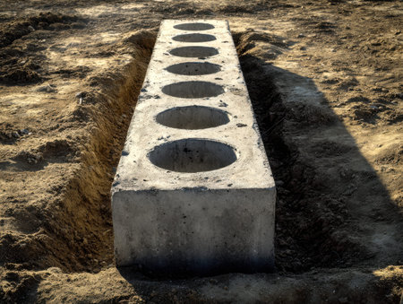 A rugged concrete slab with evenly spaced round openings lies amidst a busy construction site,...