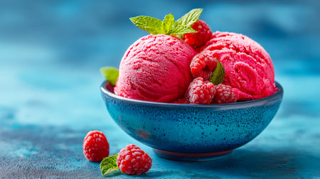 A vibrant, chilled dessert featuring a swirl of red and purple hues, topped with fresh mint leaves,...