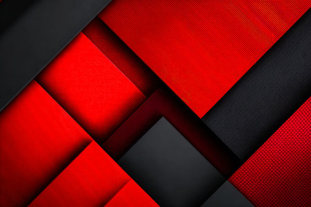 A bold interplay of angular shapes and rough textures in deep crimson and jet black creates a...