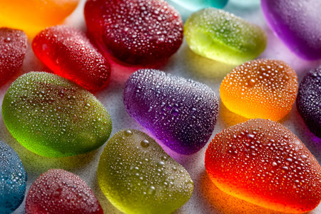 Bright, shimmering gel candies adorned with tiny water beads, emphasizing their vivid hues and...