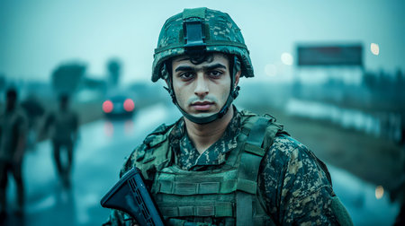 A vigilant young service member in tactical gear stands amidst contemporary military facilities,...