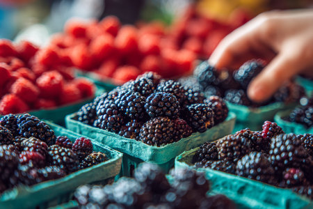 A colorful assortment of plump blackberries and bright raspberries arranged in rustic market...