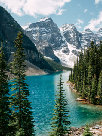 Calm waters mirror the vibrant greenery of dense pine forests, set against majestic peaks draped in...