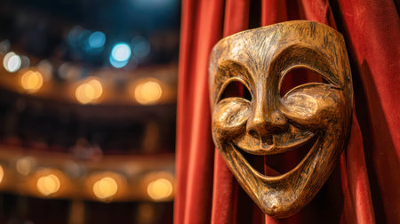 A cheerful wooden mask with intricate carvings dangles from lush crimson drapery, hinting at a...