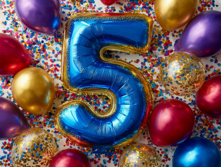 A festive scene featuring a prominent blue number five balloon amid an array of vibrant balloons and...
