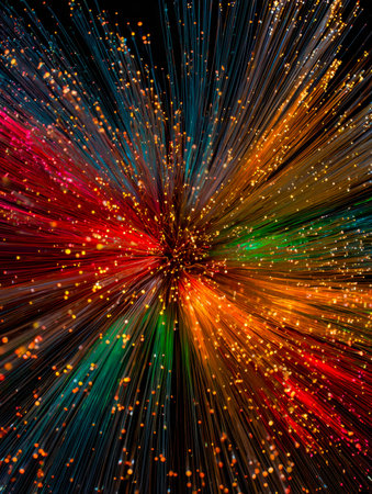 Bright, dynamic display of luminous streaks in a kaleidoscope of colors, creating a sense of energy...