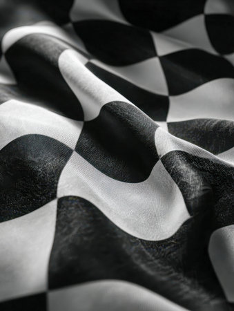 A close-up of a smooth, reflective black and white checkered textile with gentle folds, forming an...