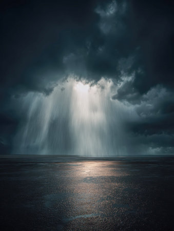 Heavy rain pours from turbulent skies, illuminating a serene ocean surface with shimmering...