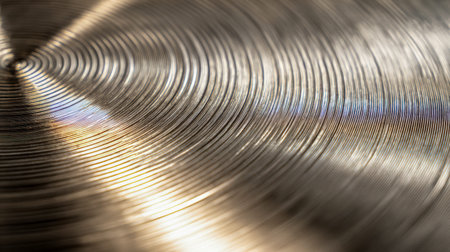 A finely textured metal plane showing intricate circular grooves, capturing contrasting hues of...
