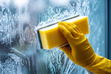 A tidy individual, clad in vibrant yellow gloves, meticulously scrubs a clear pane with a bright...