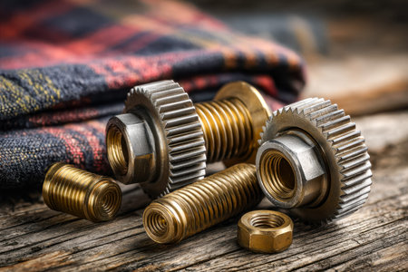 Intricate metal components rest atop weathered wood, with textured fabric softly blurred in the...