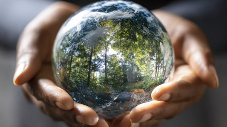Hands cradle a shimmering glass orb reflecting lush canopy tall trees bathed in bright sunlight,...