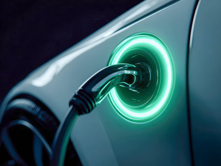 A sleek electric car connects to a luminous charging station under a dark sky, highlighting...