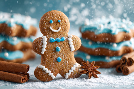 A charming holiday treat featuring a gingerbread masterpiece adorned with icy blue and crisp white...