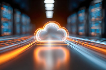 A luminous cloud symbol radiates vibrant light streaks amidst a sleek, high-tech server chamber,...