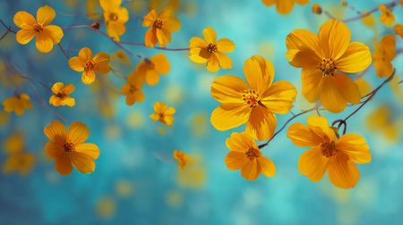 Bright yellow blossoms adorn slender branches, set against a gentle turquoise hue, evoking a...