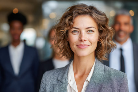 A poised businesswoman radiates confidence and warmth, surrounded by engaged colleagues in a sleek corporate environment, showcasing leadership and teamwork.のeditorial素材