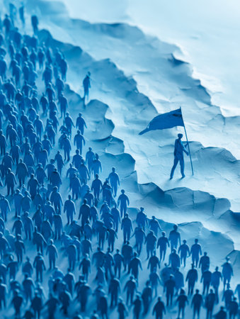 A lone explorer guides a vast crowd through untamed terrain, clutching a banner that symbolizes hope...