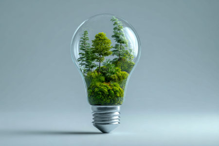 A clear glass bulb encases vibrant saplings and dense foliage, illustrating harmony between...