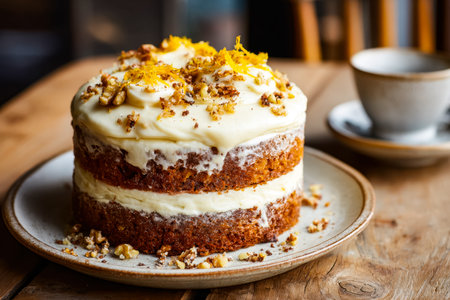 A mouthwatering multi-tiered carrot dessert topped with creamy frosting and sprinkled with crunchy...
