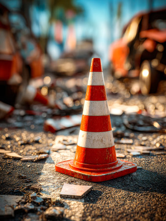 An orange safety cone marks a section of a wrecked, cluttered roadway strewn with scattered debris...